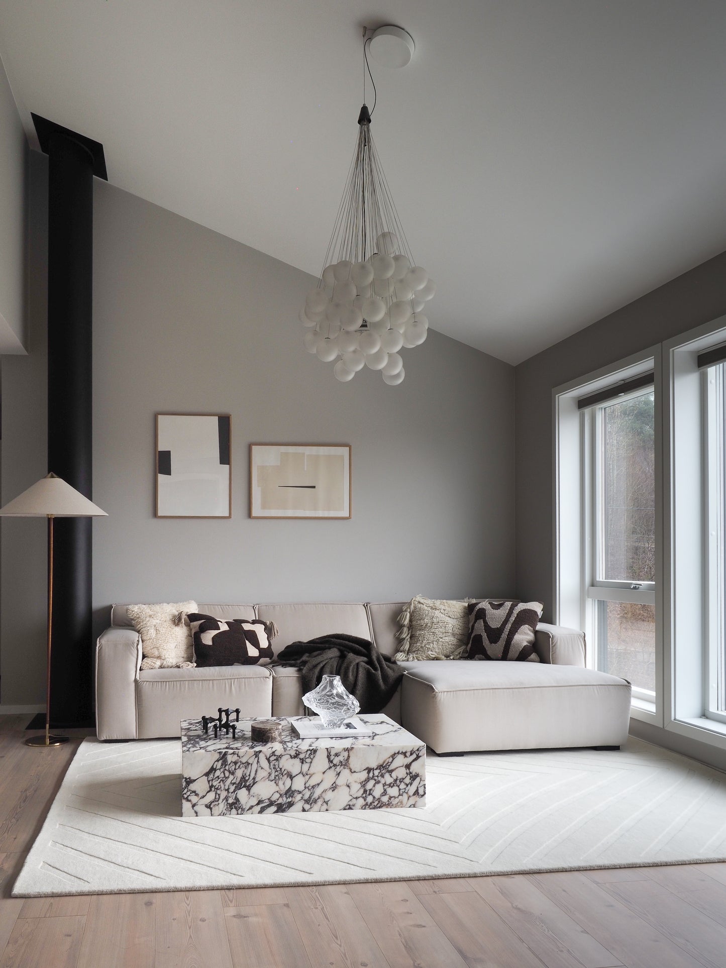 Modern living room with a gray sofa