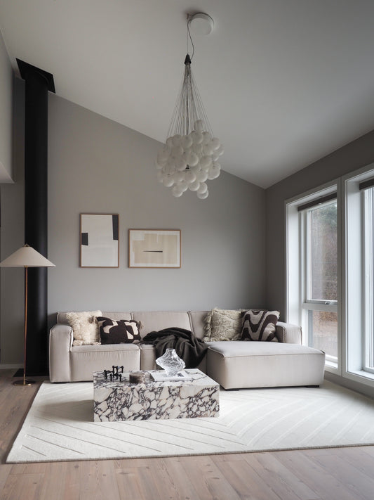 Modern living room with a gray sofa