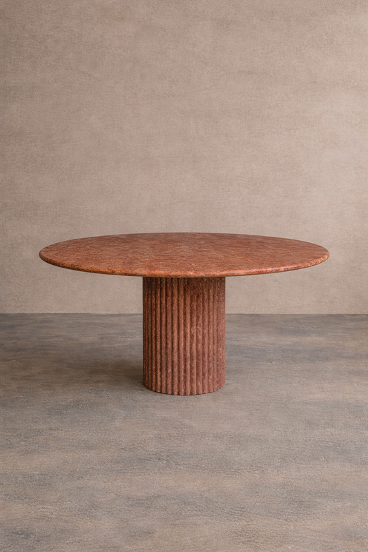 red Samara Round Dining Table in solid Red Travertine. 110 × 75 cm. 